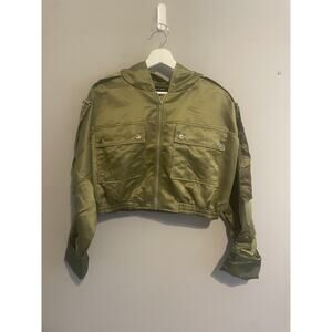 NWT Army Green Cropped Satin Oversized Bomber‎ Jacket US Size 4